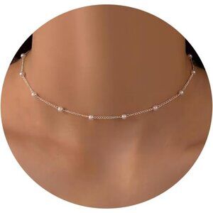 Women 14K Gold Plated Layered Pearl Necklaces Chain